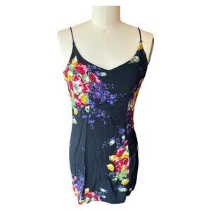 Vintage Betsey Johnson Slip Dress 90s Sz S Black Floral Flaws '92? Mini Dress
